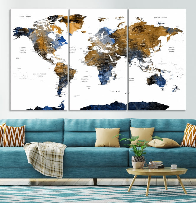 Push Pin Watercolor World Map Framed Canvas Wall Art Print