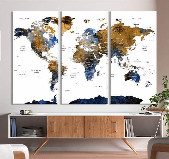 Push Pin Watercolor World Map Framed Canvas Wall Art Print