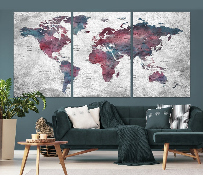 Push Pin World Map Canvas Print Giclee Wall Art Soft Apartment Decor