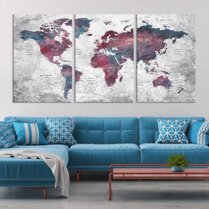 Push Pin World Map Canvas Print Giclee Wall Art Soft Apartment Decor