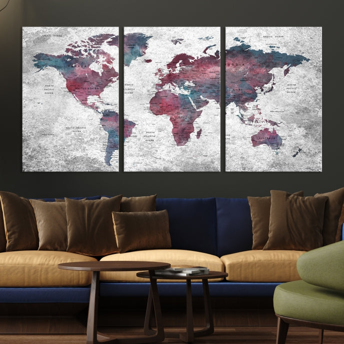 Push Pin World Map Canvas Print Giclee Wall Art Soft Apartment Decor