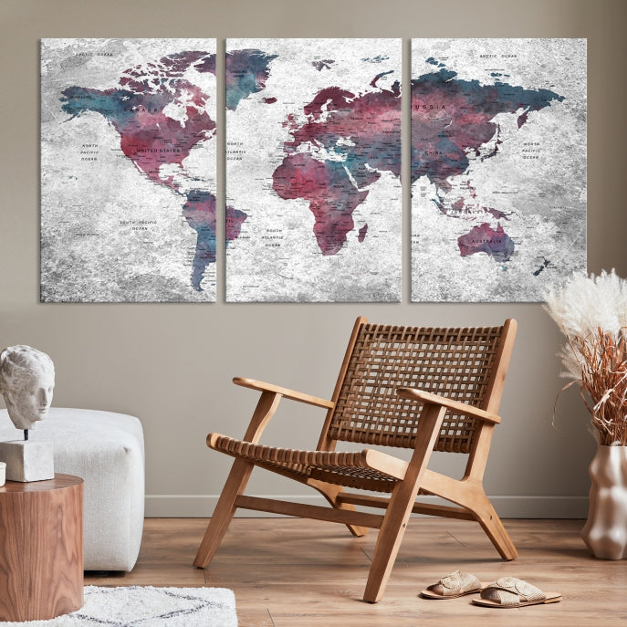 Push Pin World Map Canvas Print Giclee Wall Art Soft Apartment Decor