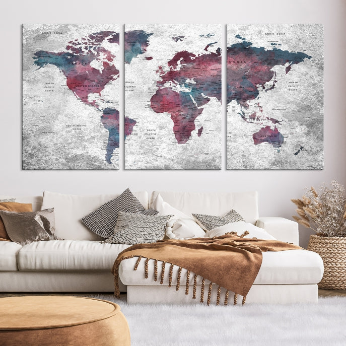 Push Pin World Map Canvas Print Giclee Wall Art Soft Apartment Decor