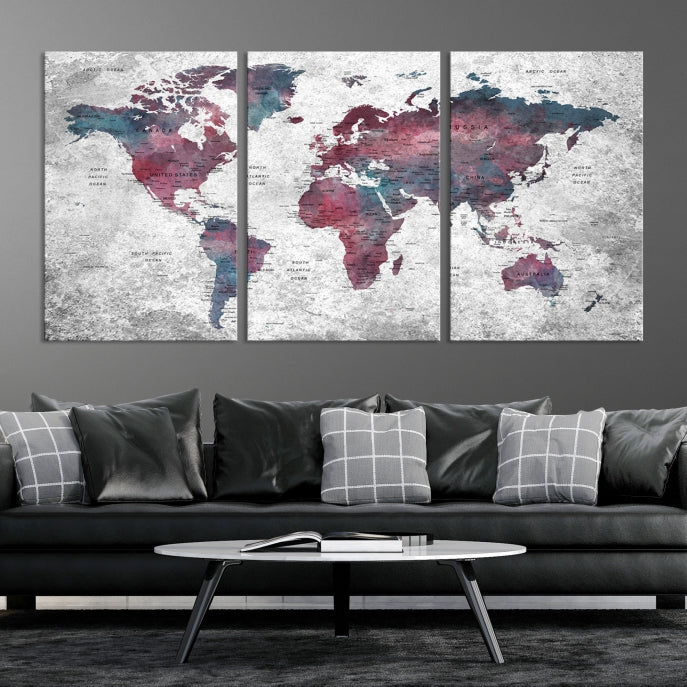 Push Pin World Map Canvas Print Giclee Wall Art Soft Apartment Decor