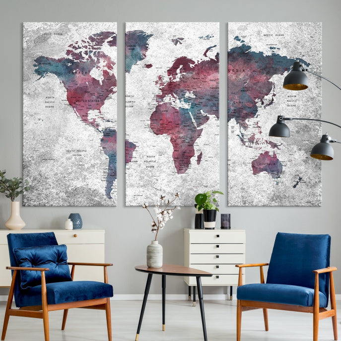 Push Pin World Map Canvas Print Giclee Wall Art Soft Apartment Decor