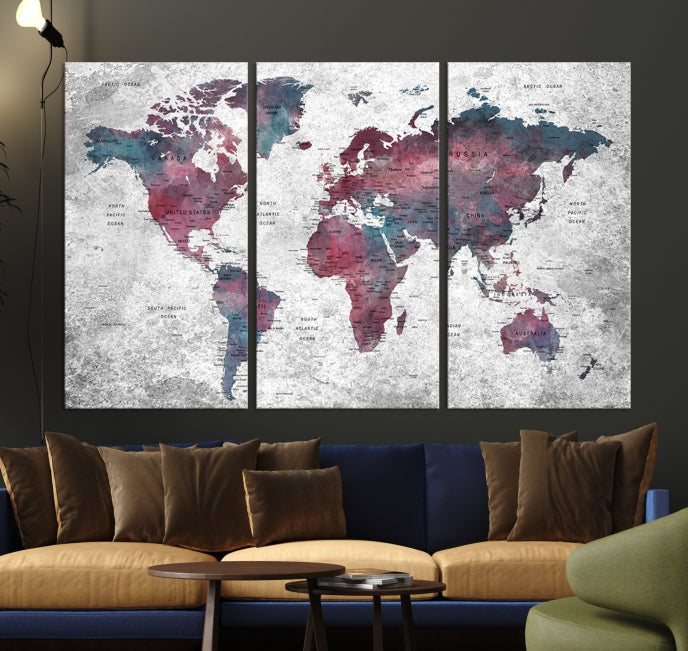 Push Pin World Map Canvas Print Giclee Wall Art Soft Apartment Decor