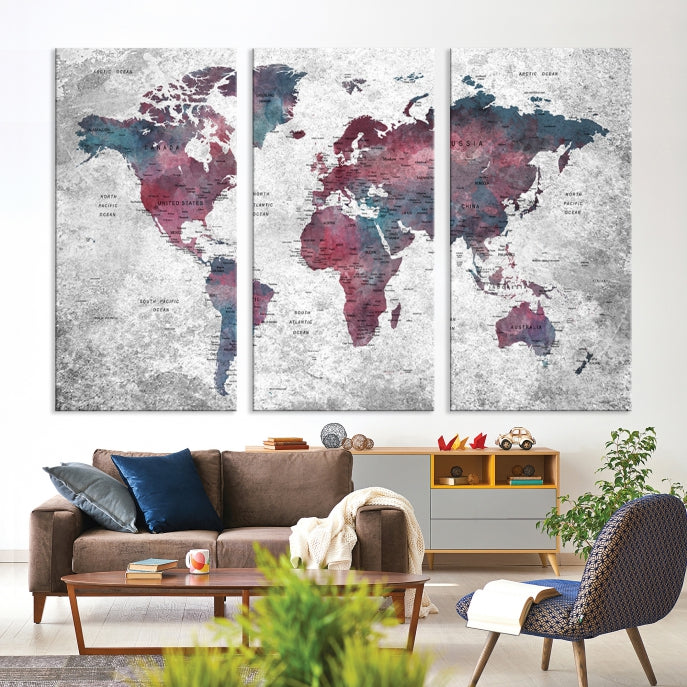 Push Pin World Map Canvas Print Giclee Wall Art Soft Apartment Decor