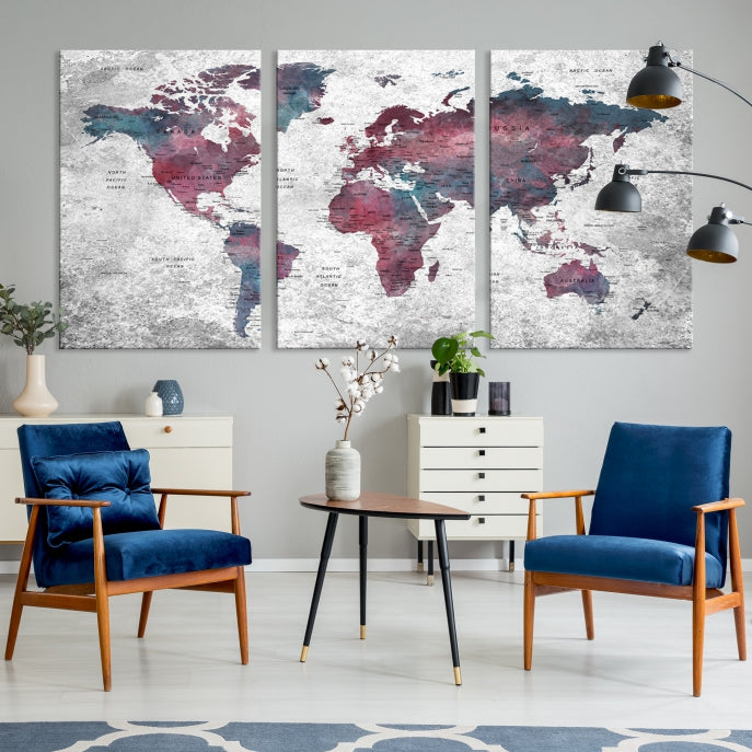 Push Pin World Map Canvas Print Giclee Wall Art Soft Apartment Decor