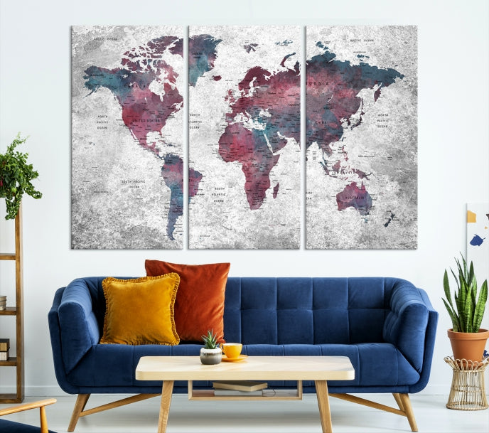 Push Pin World Map Canvas Print Giclee Wall Art Soft Apartment Decor