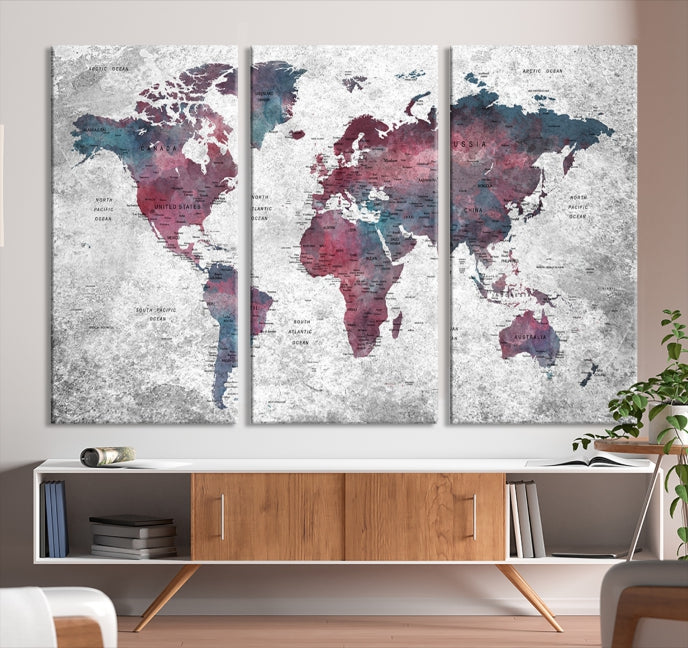 Push Pin World Map Canvas Print Giclee Wall Art Soft Apartment Decor