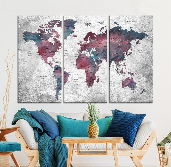 Push Pin World Map Canvas Print Giclee Wall Art Soft Apartment Decor