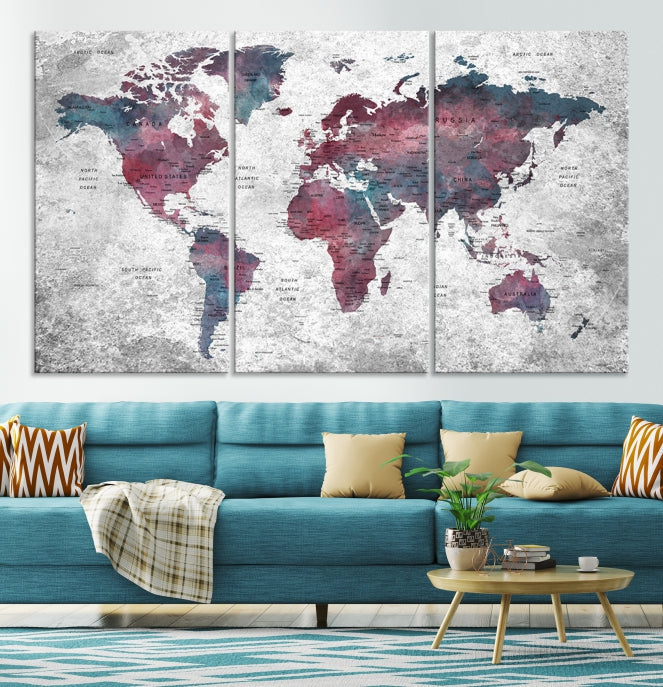 Push Pin World Map Canvas Print Giclee Wall Art Soft Apartment Decor