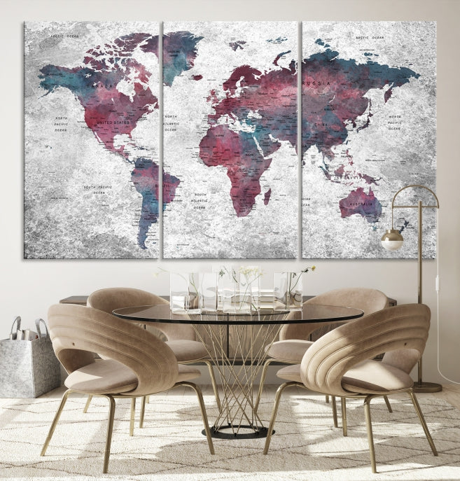 Push Pin World Map Canvas Print Giclee Wall Art Soft Apartment Decor