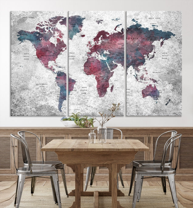 Push Pin World Map Canvas Print Giclee Wall Art Soft Apartment Decor