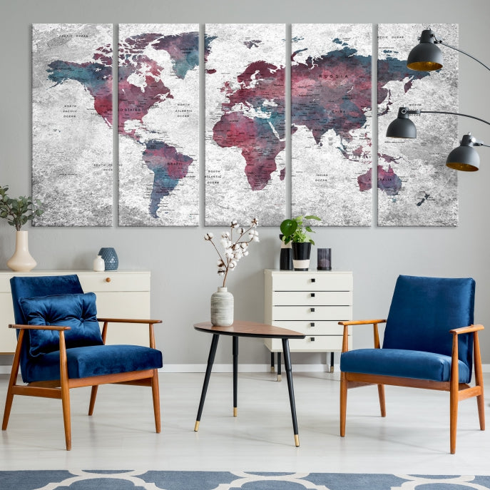 Push Pin World Map Canvas Print Giclee Wall Art Soft Apartment Decor