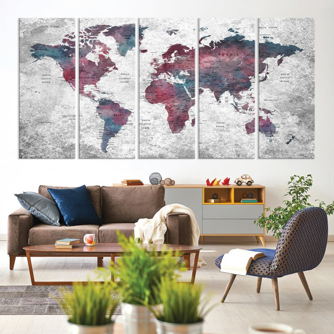 Push Pin World Map Canvas Print Giclee Wall Art Soft Apartment Decor