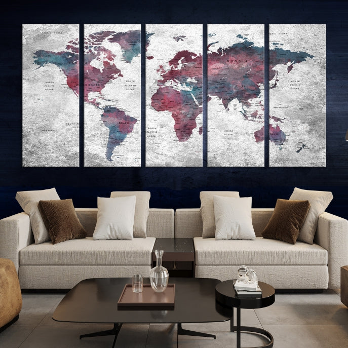 Push Pin World Map Canvas Print Giclee Wall Art Soft Apartment Decor