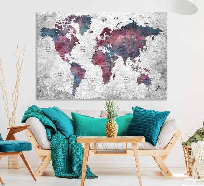 Push Pin World Map Canvas Print Giclee Wall Art Soft Apartment Decor