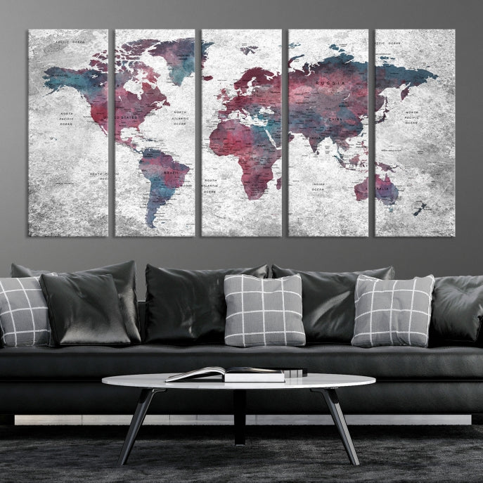 Push Pin World Map Canvas Print Giclee Wall Art Soft Apartment Decor