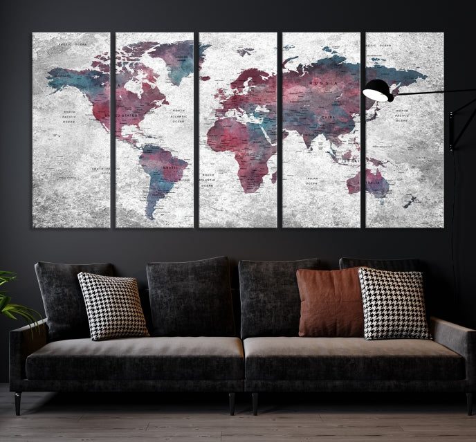 Push Pin World Map Canvas Print Giclee Wall Art Soft Apartment Decor