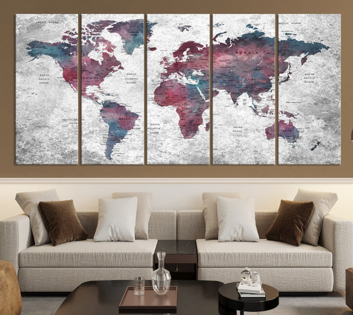 Push Pin World Map Canvas Print Giclee Wall Art Soft Apartment Decor