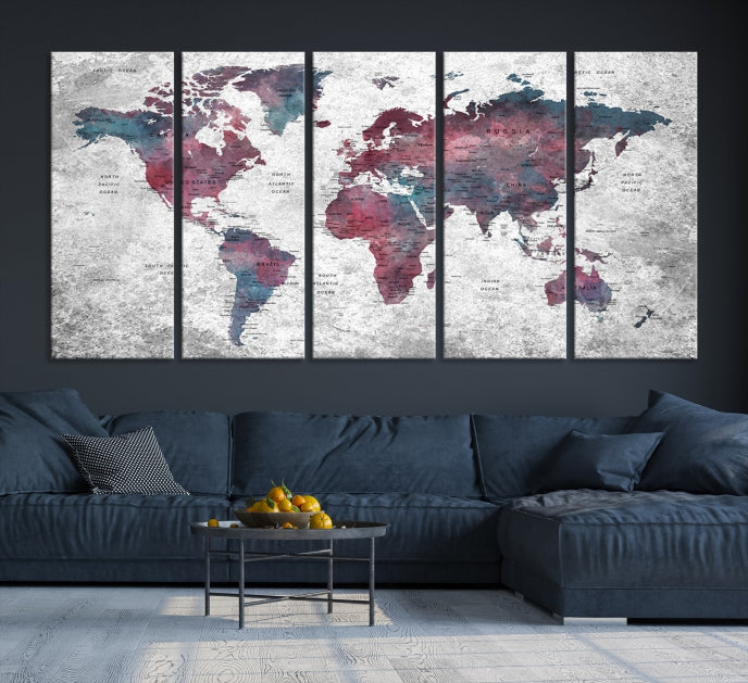 Push Pin World Map Canvas Print Giclee Wall Art Soft Apartment Decor