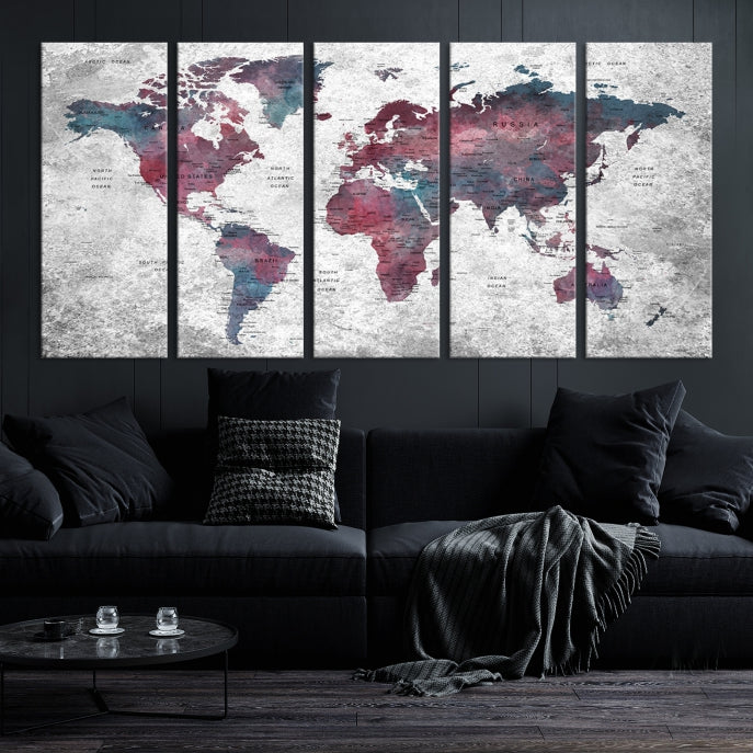 Push Pin World Map Canvas Print Giclee Wall Art Soft Apartment Decor