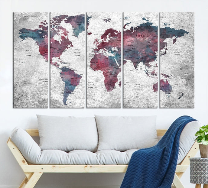 Push Pin World Map Canvas Print Giclee Wall Art Soft Apartment Decor