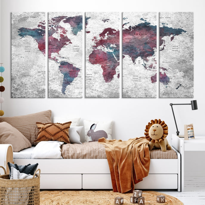 Push Pin World Map Canvas Print Giclee Wall Art Soft Apartment Decor