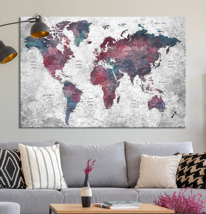 Push Pin World Map Canvas Print Giclee Wall Art Soft Apartment Decor