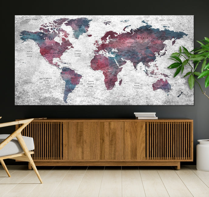 Push Pin World Map Canvas Print Giclee Wall Art Soft Apartment Decor