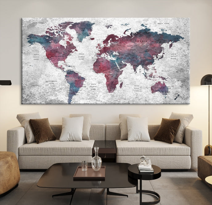 Push Pin World Map Canvas Print Giclee Wall Art Soft Apartment Decor