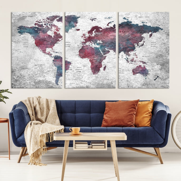 Push Pin World Map Canvas Print Giclee Wall Art Soft Apartment Decor