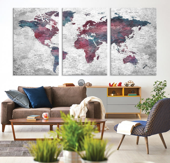 Push Pin World Map Canvas Print Giclee Wall Art Soft Apartment Decor