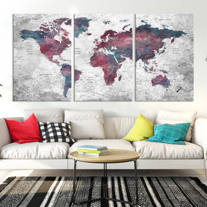 Push Pin World Map Canvas Print Giclee Wall Art Soft Apartment Decor