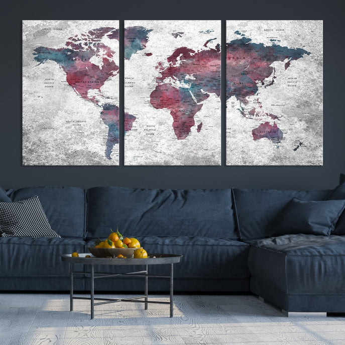 Push Pin World Map Canvas Print Giclee Wall Art Soft Apartment Decor