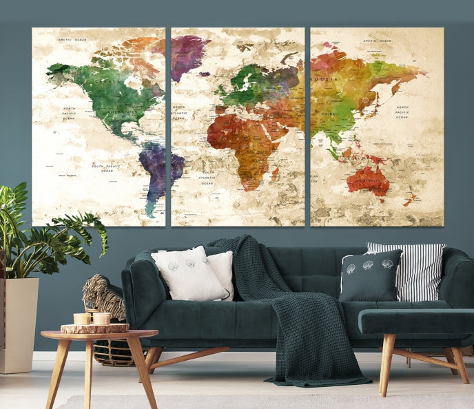 Push Pin World Map Canvas Print with Brownish Background Extra Large Framed Map Poster