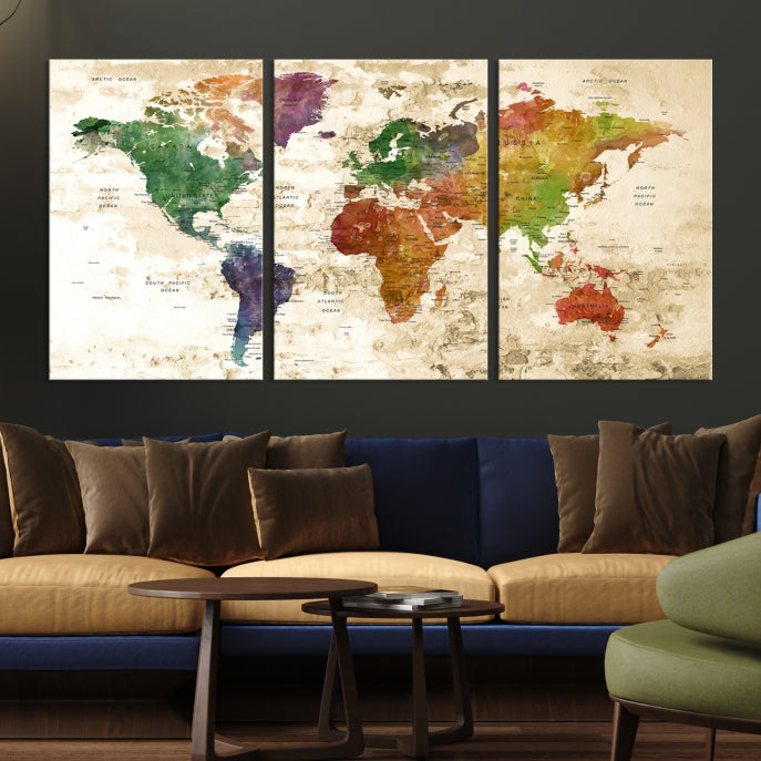 Push Pin World Map Canvas Print with Brownish Background Extra Large Framed Map Poster