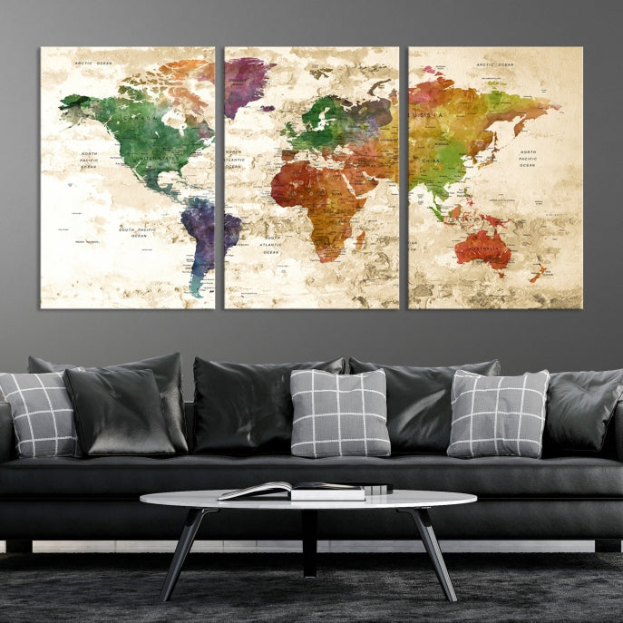 Push Pin World Map Canvas Print with Brownish Background Extra Large Framed Map Poster