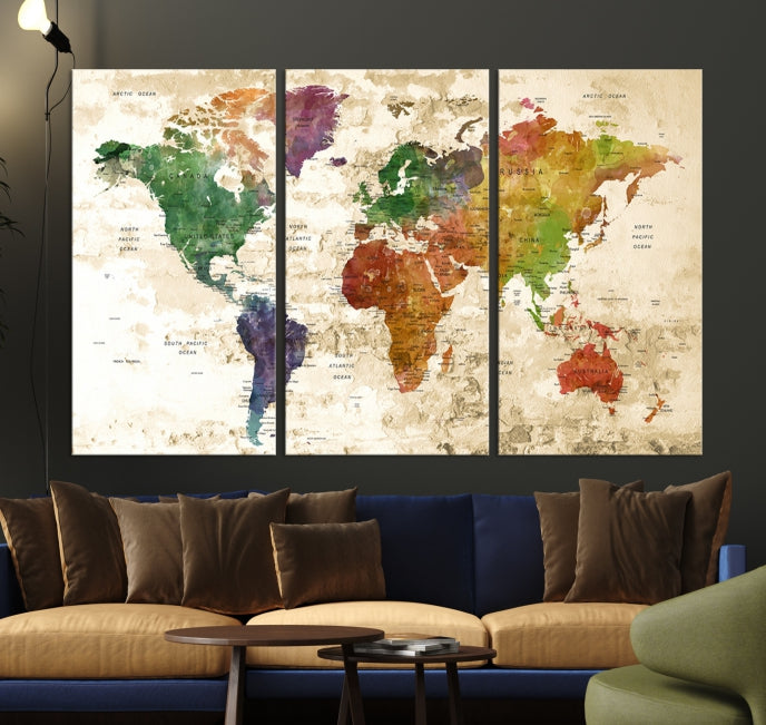 Push Pin World Map Canvas Print with Brownish Background Extra Large Framed Map Poster