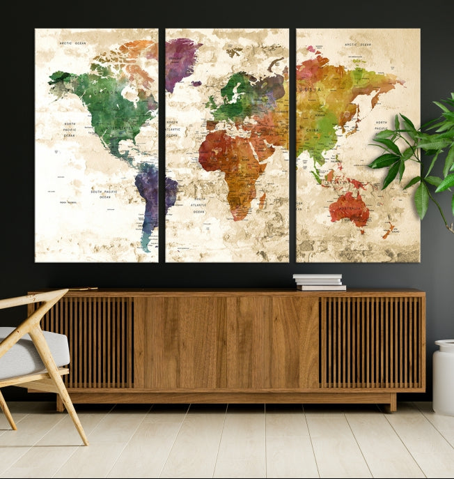 Push Pin World Map Canvas Print with Brownish Background Extra Large Framed Map Poster