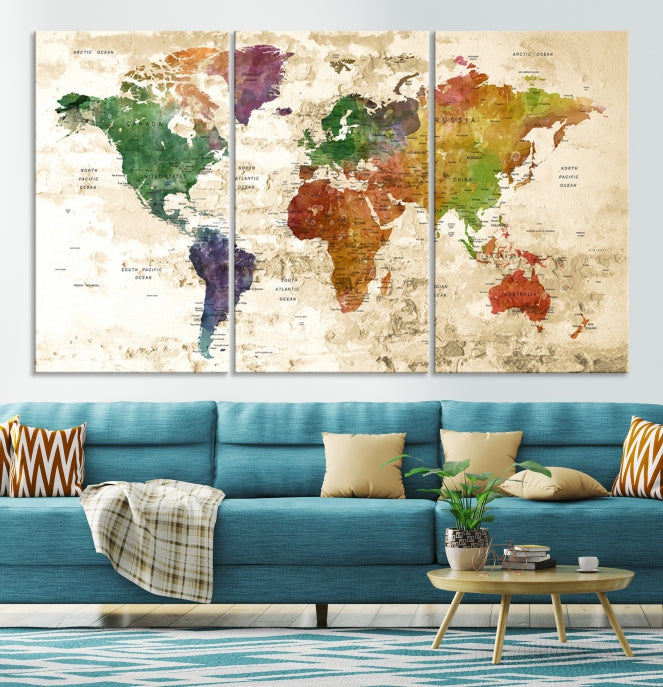 Push Pin World Map Canvas Print with Brownish Background Extra Large Framed Map Poster