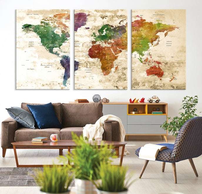 Push Pin World Map Canvas Print with Brownish Background Extra Large Framed Map Poster