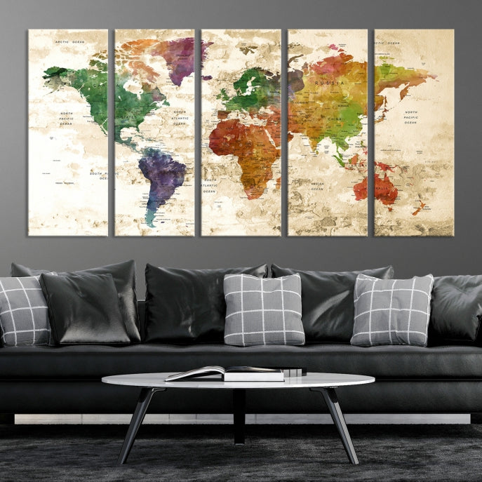 Push Pin World Map Canvas Print with Brownish Background Extra Large Framed Map Poster