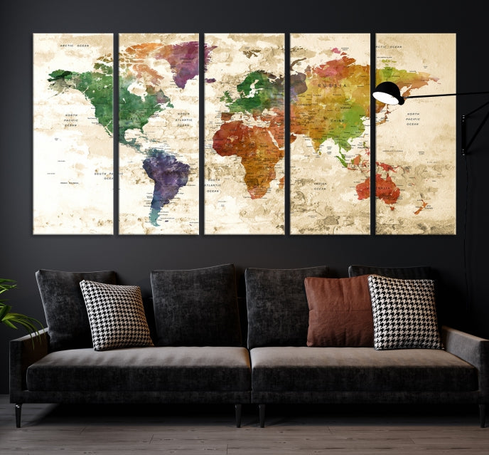 Push Pin World Map Canvas Print with Brownish Background Extra Large Framed Map Poster