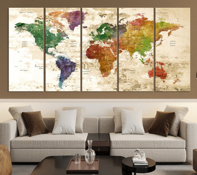 Push Pin World Map Canvas Print with Brownish Background Extra Large Framed Map Poster