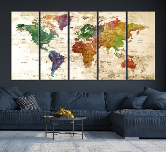 Push Pin World Map Canvas Print with Brownish Background Extra Large Framed Map Poster