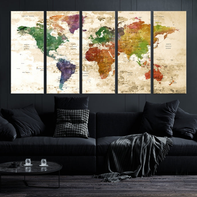 Push Pin World Map Canvas Print with Brownish Background Extra Large Framed Map Poster