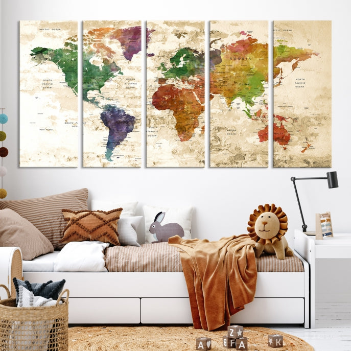 Push Pin World Map Canvas Print with Brownish Background Extra Large Framed Map Poster