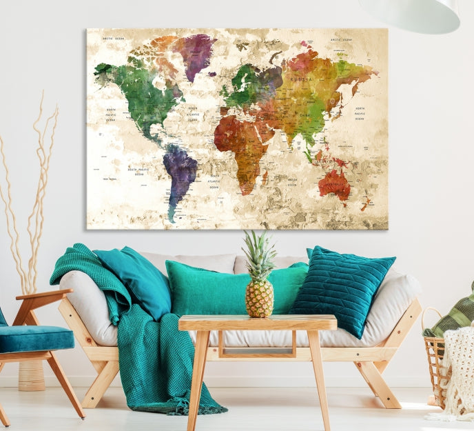 Push Pin World Map Canvas Print with Brownish Background Extra Large Framed Map Poster